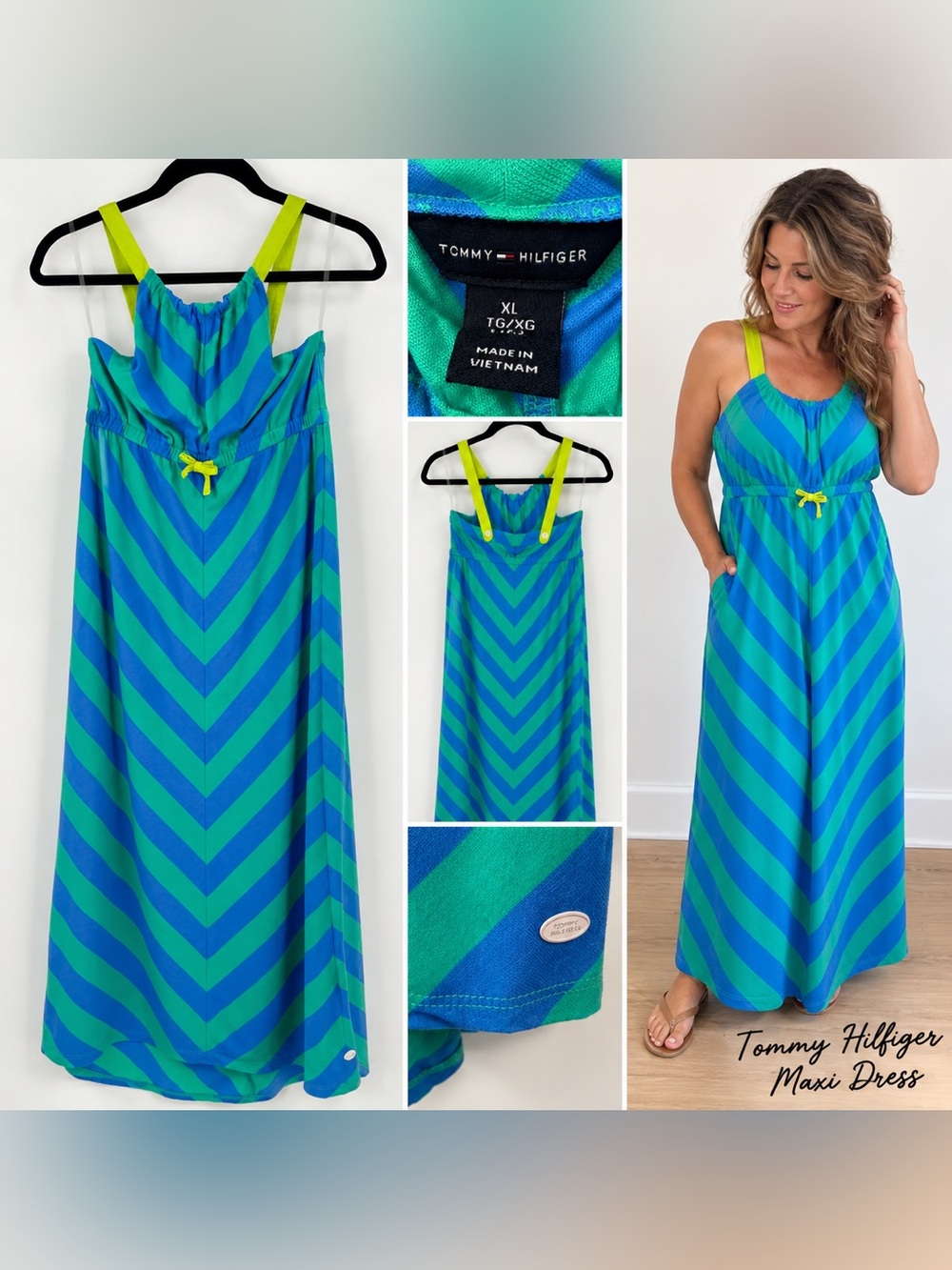 Tommy Hilfiger Maxi Dress Geometric in Blue & Green XL Like New
